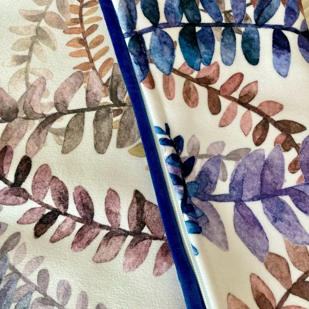 Castilla Textil Botanical Pillow Cover Blues Pinks Browns on Cream Navy Piping